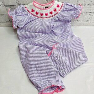 'LIL CACTUS' SMOCKED SEERSUCKER ROMPER EMBROIDERED NECKLINE HEART DETAIL